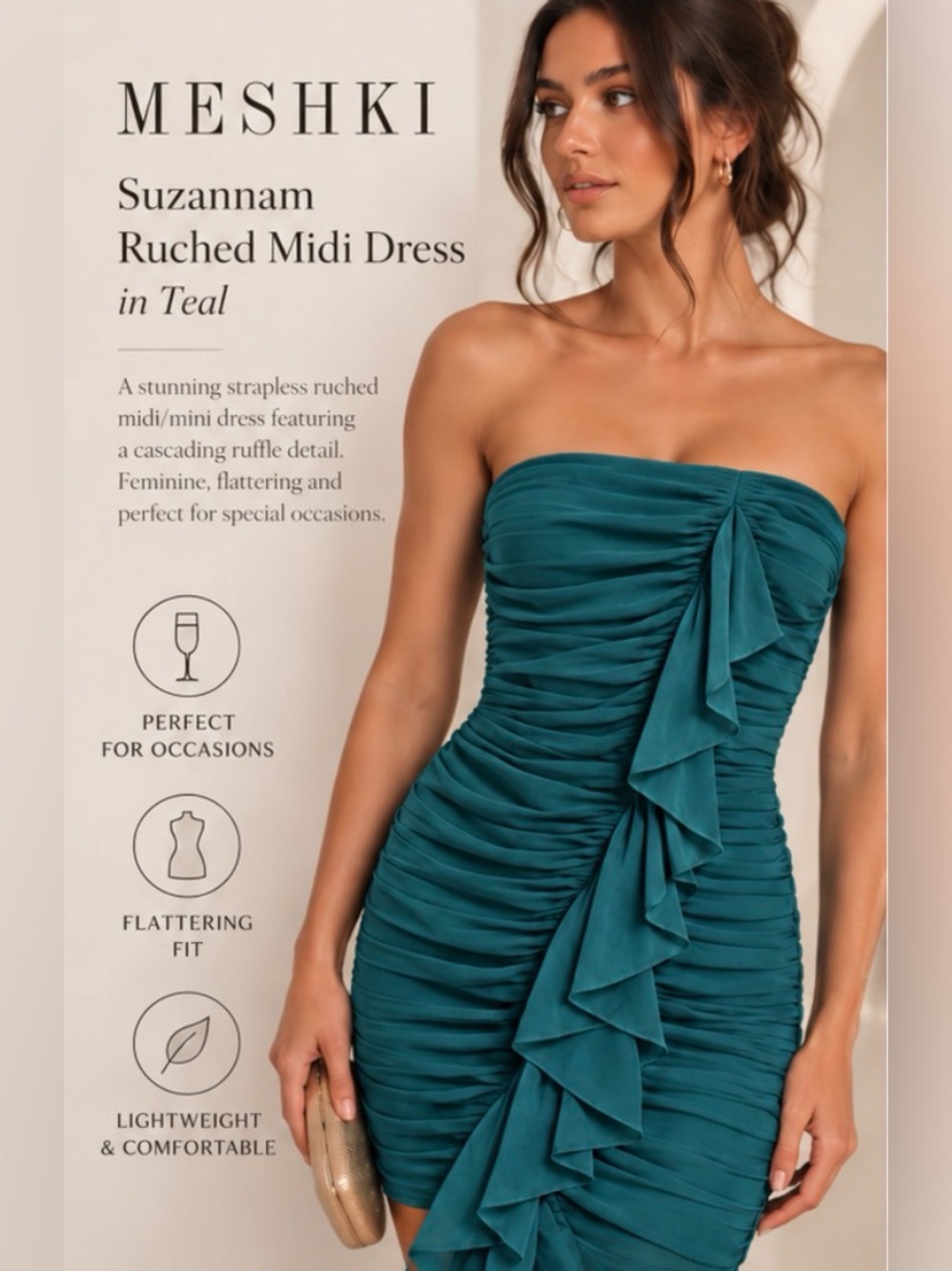 MESHKI Suzannam Ruched Midi Dress – Marine Blue / Deep Teal – Size XL NWT